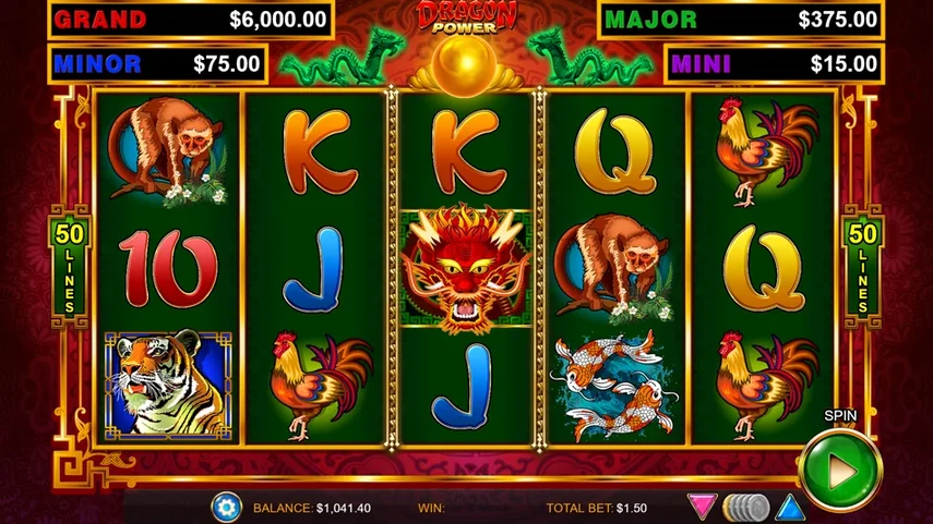 Dragon Link base game reels showing tiger and koi fish symbols